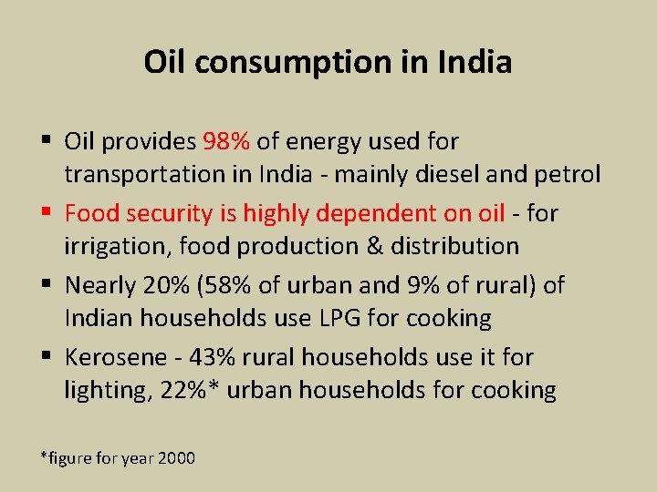 Oil consumption in India § Oil provides 98% of energy used for transportation in