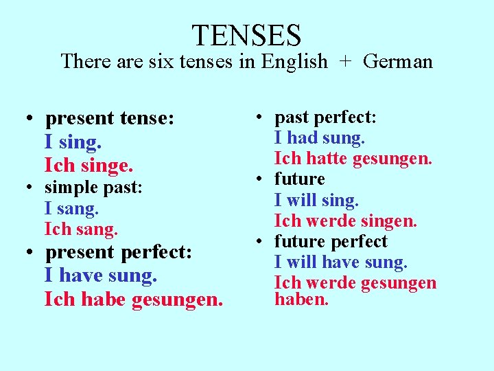 TENSES There are six tenses in English + German • present tense: I sing.
