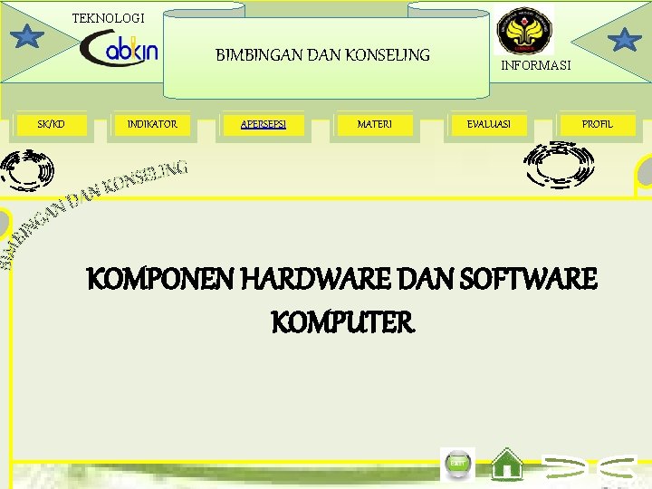 TEKNOLOGI BIMBINGAN DAN KONSELING SK/KD INDIKATOR APERSEPSI MATERI INFORMASI EVALUASI PROFIL KOMPONEN HARDWARE DAN