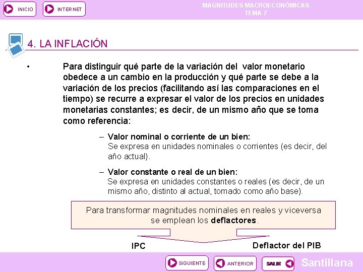 INICIO MAGNITUDES MACROECONÓMICAS TEMA 7 INTERNET 4. LA INFLACIÓN • Para distinguir qué parte INICIO MAGNITUDES MACROECONÓMICAS TEMA 7 INTERNET 4. LA INFLACIÓN • Para distinguir qué parte