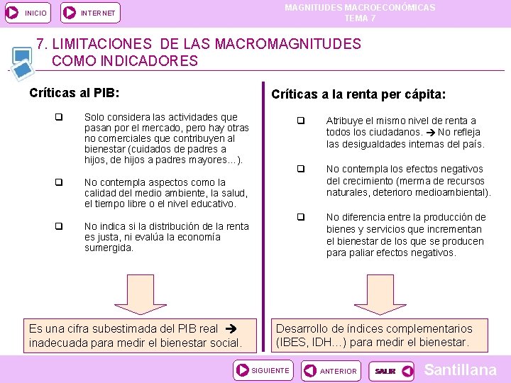 INICIO INTERNET MAGNITUDES MACROECONÓMICAS TEMA 7 7. LIMITACIONES DE LAS MACROMAGNITUDES COMO INDICADORES Críticas INICIO INTERNET MAGNITUDES MACROECONÓMICAS TEMA 7 7. LIMITACIONES DE LAS MACROMAGNITUDES COMO INDICADORES Críticas
