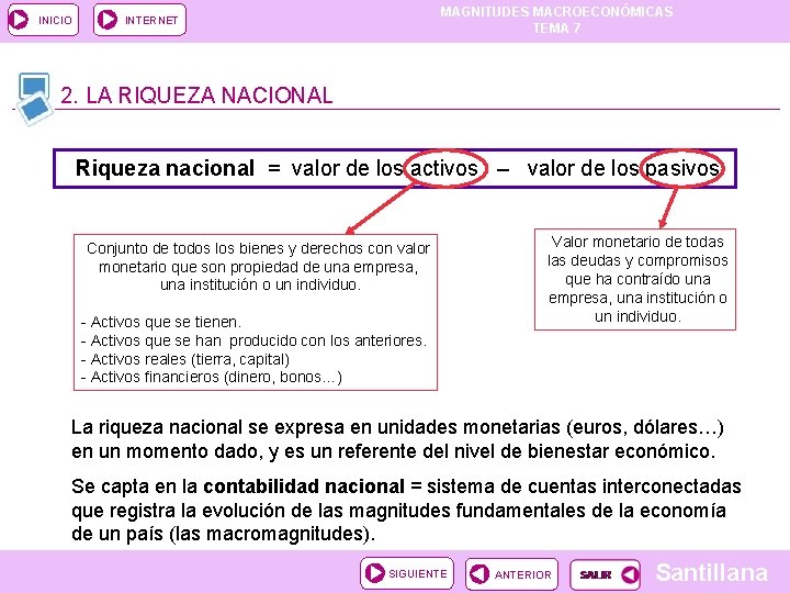 INICIO MAGNITUDES MACROECONÓMICAS TEMA 7 INTERNET 2. LA RIQUEZA NACIONAL Riqueza nacional = valor INICIO MAGNITUDES MACROECONÓMICAS TEMA 7 INTERNET 2. LA RIQUEZA NACIONAL Riqueza nacional = valor