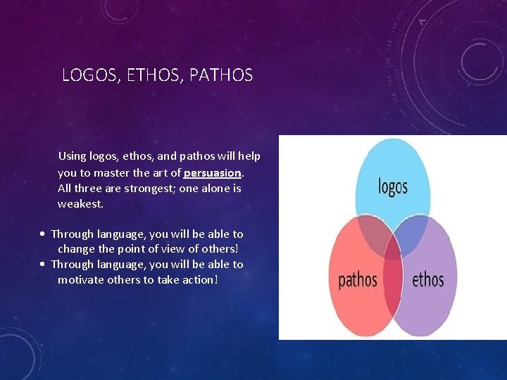 LOGOS, ETHOS, PATHOS Using logos, ethos, and pathos will help you to master the