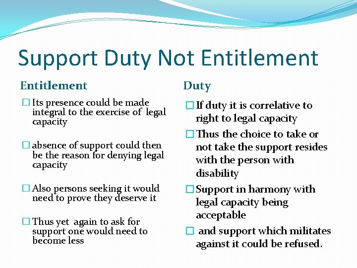 Support Duty Not Entitlement Duty � Its presence could be made integral to the