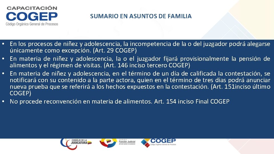 SUMARIO EN ASUNTOS DE FAMILIA • En los procesos de niñez y adolescencia, la