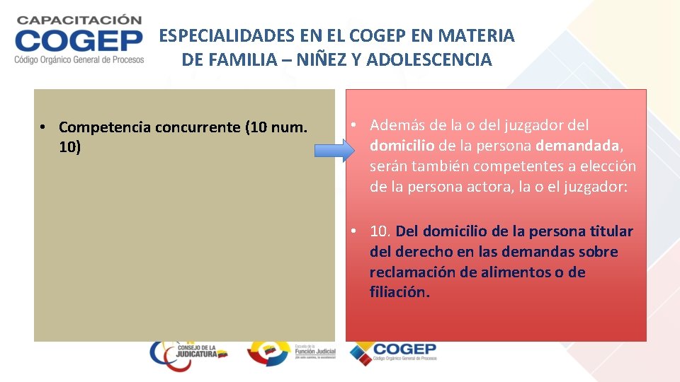 ESPECIALIDADES EN EL COGEP EN MATERIA DE FAMILIA – NIÑEZ Y ADOLESCENCIA • Competencia