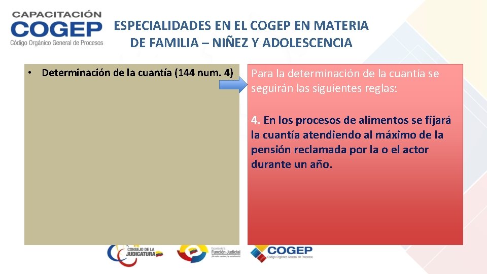 ESPECIALIDADES EN EL COGEP EN MATERIA DE FAMILIA – NIÑEZ Y ADOLESCENCIA • Determinación