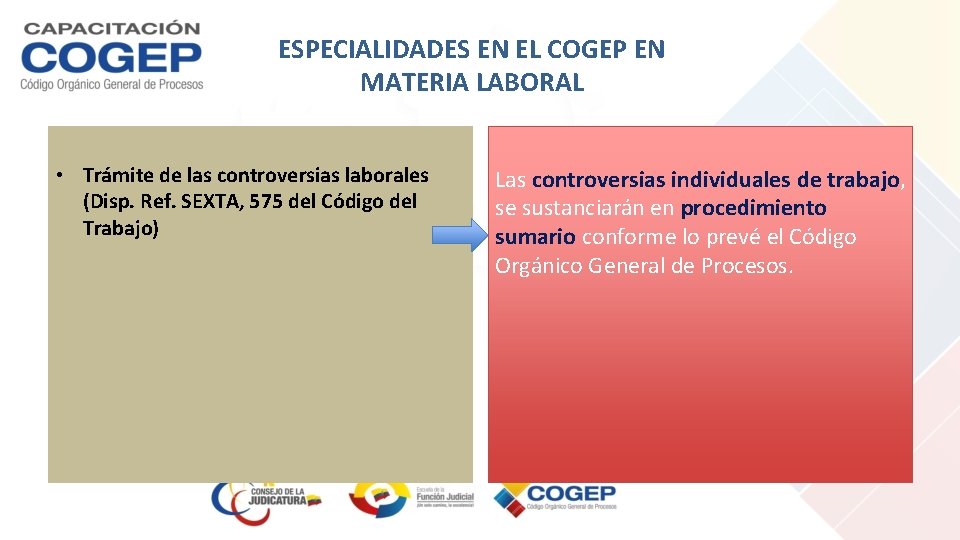 ESPECIALIDADES EN EL COGEP EN MATERIA LABORAL • Trámite de las controversias laborales (Disp.