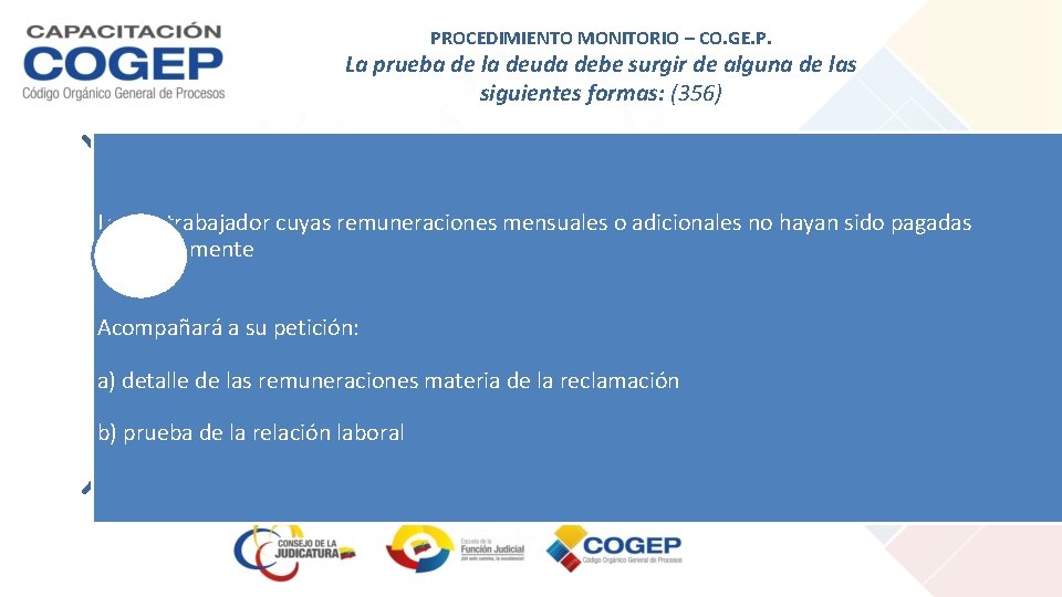 PROCEDIMIENTO MONITORIO – CO. GE. P. La prueba de la deuda debe surgir de