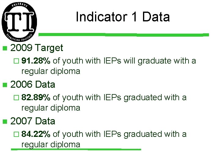 Indicator 1 Data n 2009 Target ¨ 91. 28% of youth with IEPs will