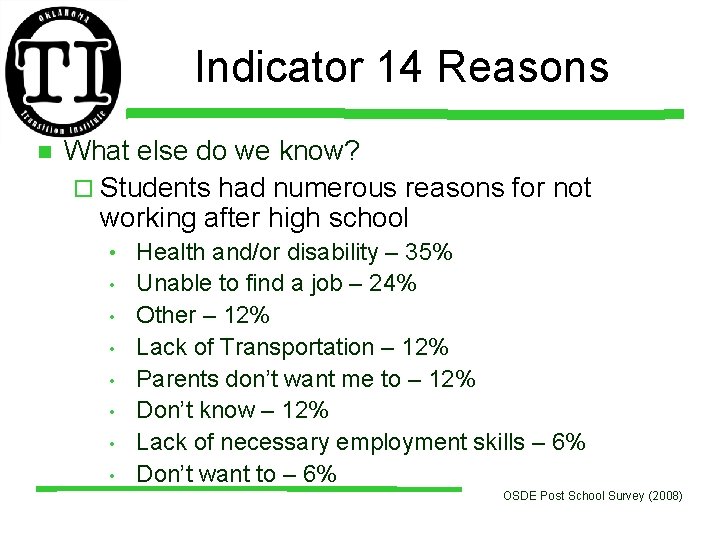 Indicator 14 Reasons n What else do we know? ¨ Students had numerous reasons