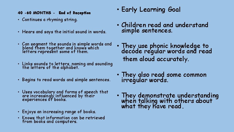 40 -60 MONTHS - End of Reception • Continues a rhyming string. • Hears