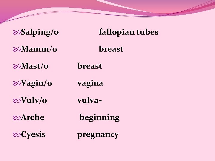 Salping/o fallopian tubes Mamm/o breast Mast/o breast Vagin/o vagina Vulv/o vulva- Arche beginning Salping/o fallopian tubes Mamm/o breast Mast/o breast Vagin/o vagina Vulv/o vulva- Arche beginning