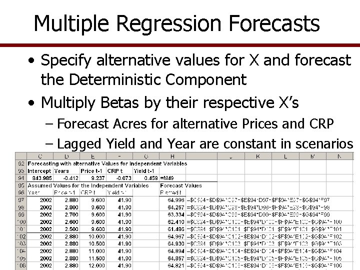 Multiple Regression Forecasts • Specify alternative values for X and forecast the Deterministic Component Multiple Regression Forecasts • Specify alternative values for X and forecast the Deterministic Component