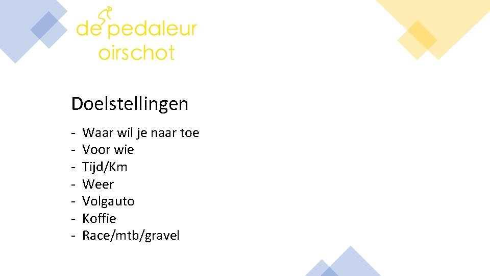 Doelstellingen - Waar wil je naar toe Voor wie Tijd/Km Weer Volgauto Koffie Race/mtb/gravel