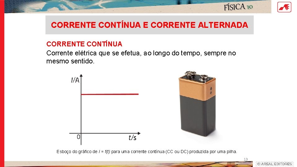 FÍSICA 10 CORRENTE CONTÍNUA E CORRENTE ALTERNADA CORRENTE CONTÍNUA Corrente elétrica que se efetua,