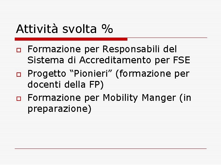 Attività svolta % o o o Formazione per Responsabili del Sistema di Accreditamento per