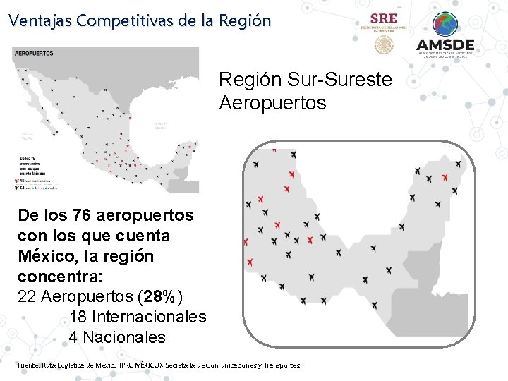 Ventajas Competitivas de la Región Sur-Sureste Aeropuertos De los 76 aeropuertos con los que