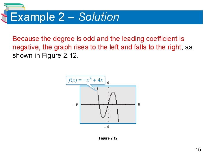 Example 2 – Solution Because the degree is odd and the leading coefficient is