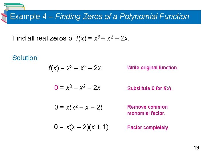 Example 4 – Finding Zeros of a Polynomial Function Find all real zeros of