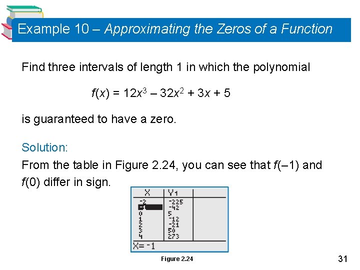 Example 10 – Approximating the Zeros of a Function Find three intervals of length