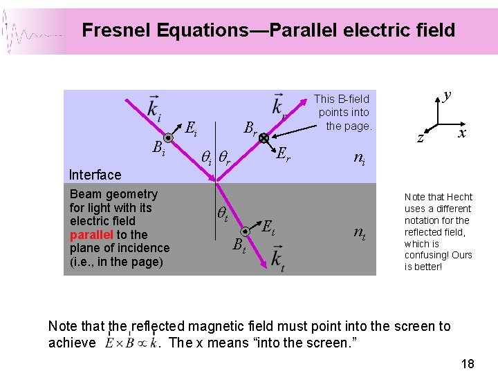 Fresnel Equations—Parallel electric field Bi Interface Beam geometry for light with its electric field Fresnel Equations—Parallel electric field Bi Interface Beam geometry for light with its electric field
