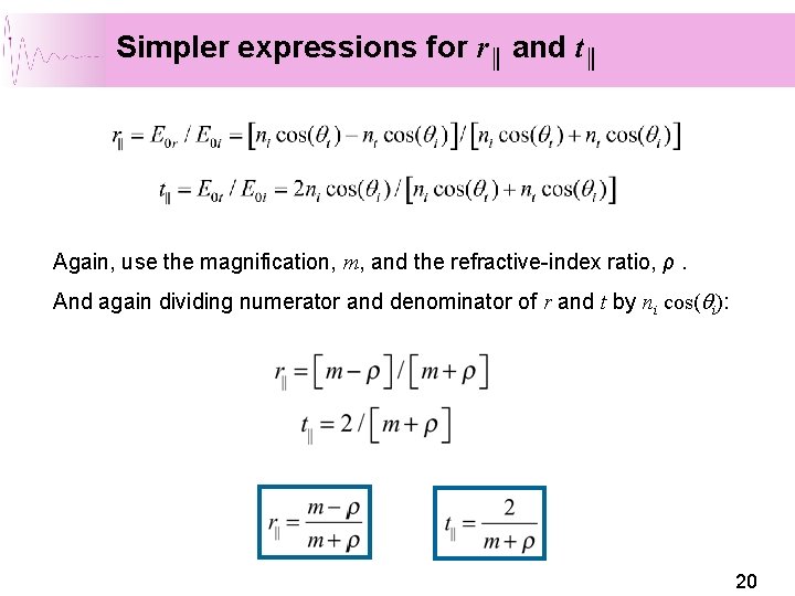 Simpler expressions for r║ and t║ Again, use the magnification, m, and the refractive-index Simpler expressions for r║ and t║ Again, use the magnification, m, and the refractive-index