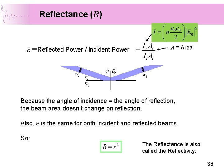 Reflectance (R) R A = Area Reflected Power / Incident Power wi ni nt Reflectance (R) R A = Area Reflected Power / Incident Power wi ni nt
