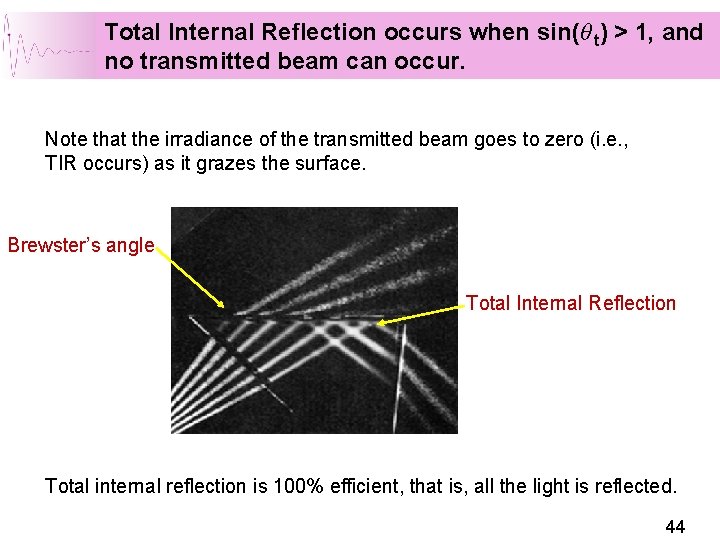Total Internal Reflection occurs when sin(θ t) > 1, and no transmitted beam can Total Internal Reflection occurs when sin(θ t) > 1, and no transmitted beam can