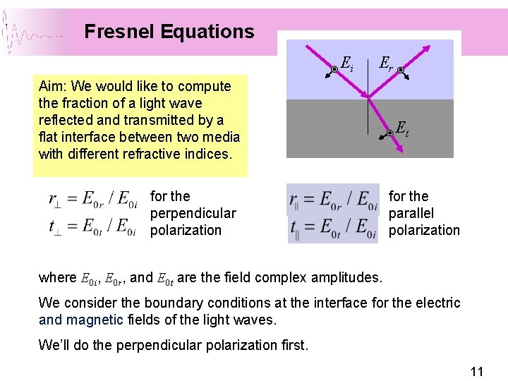 Fresnel Equations Ei Er Aim: We would like to compute the fraction of a Fresnel Equations Ei Er Aim: We would like to compute the fraction of a