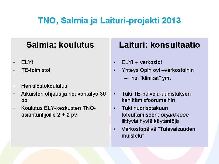 TNO, Salmia ja Laituri-projekti 2013 Salmia: koulutus • • ELYt TE-toimistot • • Henkilöstökoulutus