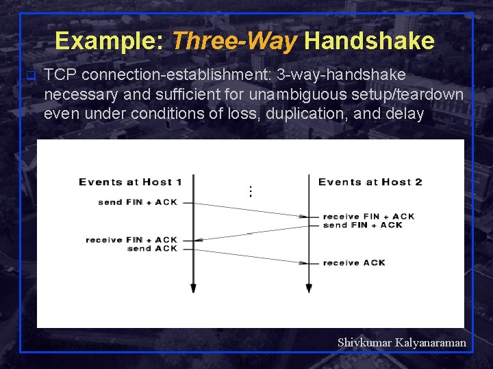 Example: Three-Way Handshake q TCP connection-establishment: 3 -way-handshake necessary and sufficient for unambiguous setup/teardown