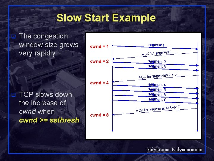 Slow Start Example q The congestion window size grows very rapidly cwnd = 1