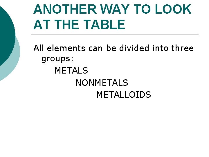 ANOTHER WAY TO LOOK AT THE TABLE All elements can be divided into three