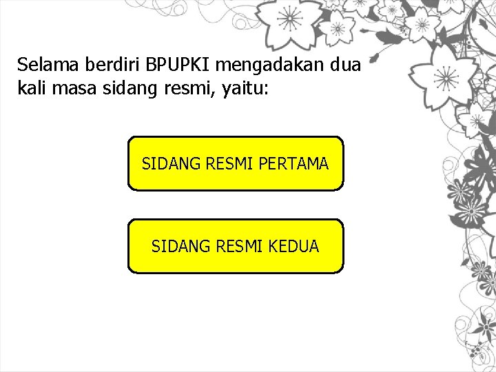 Selama berdiri BPUPKI mengadakan dua kali masa sidang resmi, yaitu: SIDANG RESMI PERTAMA SIDANG Selama berdiri BPUPKI mengadakan dua kali masa sidang resmi, yaitu: SIDANG RESMI PERTAMA SIDANG