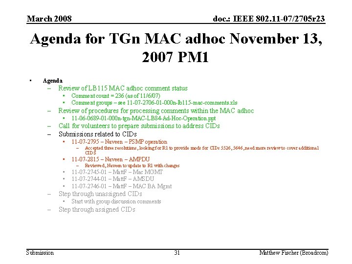 March 2008 doc. : IEEE 802. 11 -07/2705 r 23 Agenda for TGn MAC