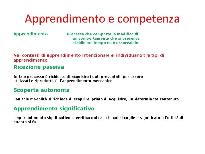 Apprendimento e competenza Apprendimento Processo che comporta la modifica di un comportamento che si