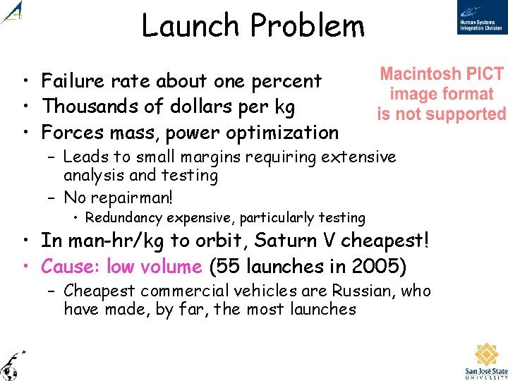 Launch Problem • Failure rate about one percent • Thousands of dollars per kg