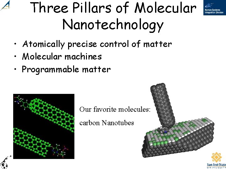 Three Pillars of Molecular Nanotechnology • Atomically precise control of matter • Molecular machines