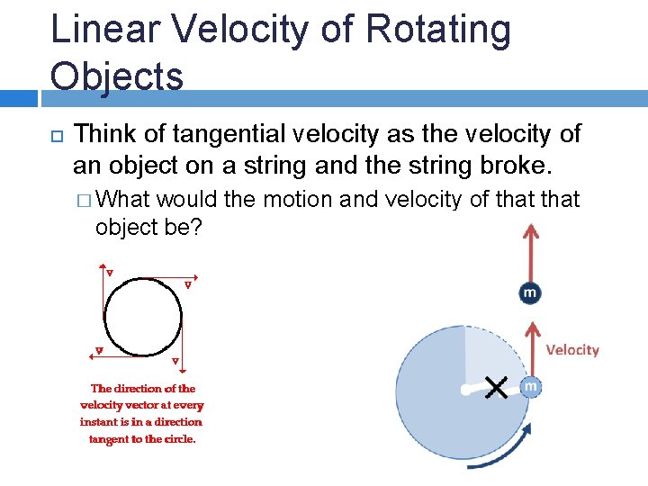 Linear Velocity of Rotating Objects Think of tangential velocity as the velocity of an