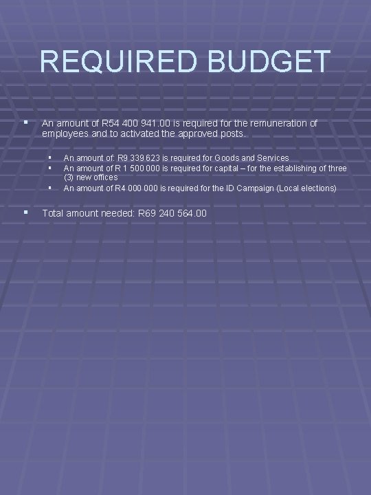 REQUIRED BUDGET § An amount of R 54 400 941. 00 is required for