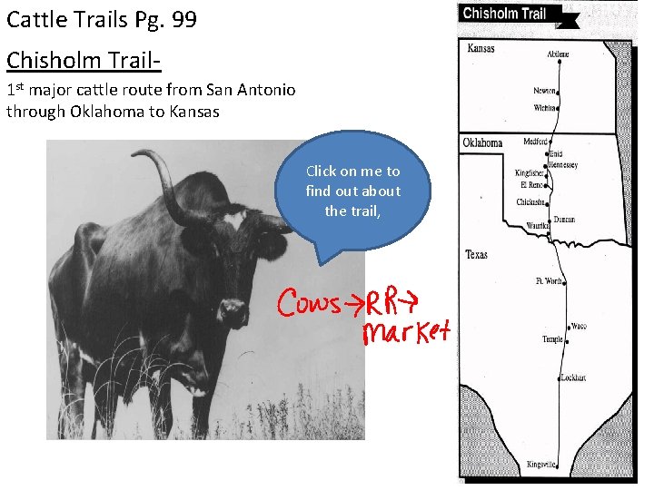 Cattle Trails Pg. 99 Chisholm Trail 1 st major cattle route from San Antonio