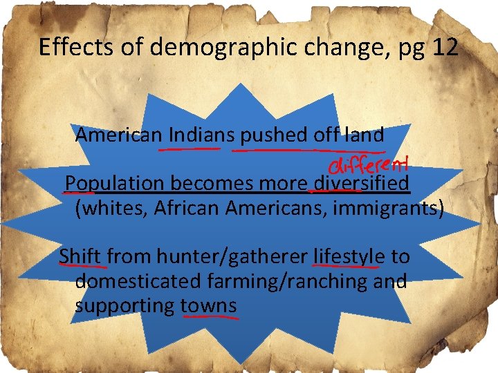 Effects of demographic change, pg 12 American Indians pushed off land Population becomes more