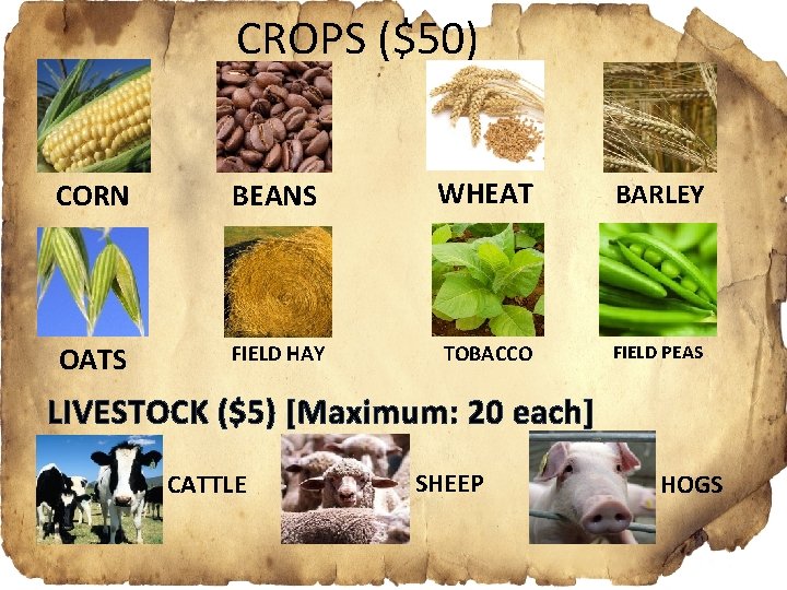 CROPS ($50) CORN BEANS WHEAT BARLEY OATS FIELD HAY TOBACCO FIELD PEAS LIVESTOCK ($5)