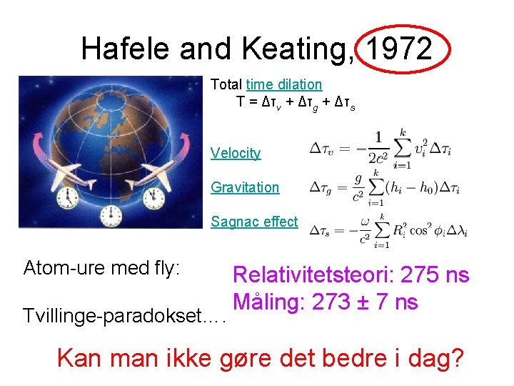 Hafele and Keating, 1972 Total time dilation Τ = Δτv + Δτg + Δτs