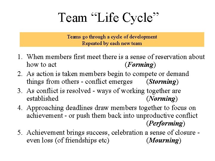 Team “Life Cycle” Teams go through a cycle of development Repeated by each new Team “Life Cycle” Teams go through a cycle of development Repeated by each new