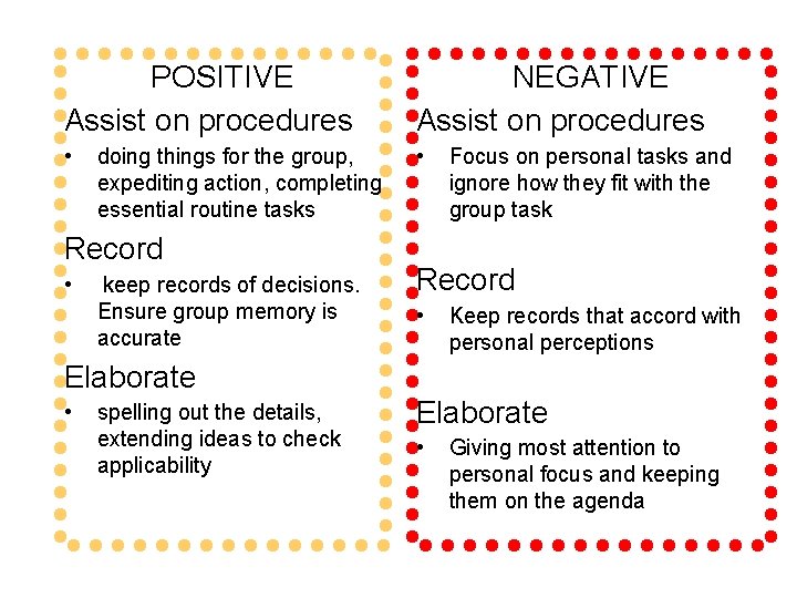 POSITIVE Assist on procedures NEGATIVE Assist on procedures • • doing things for the