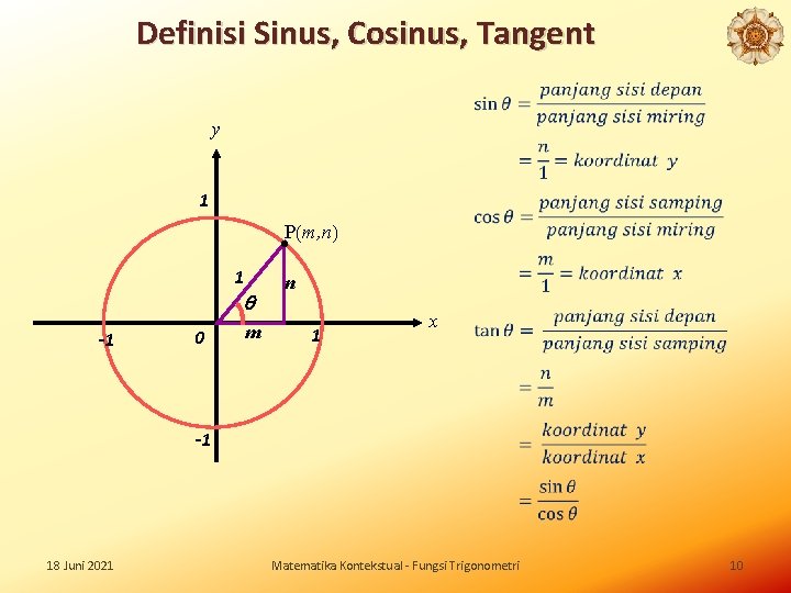 Definisi Sinus, Cosinus, Tangent y 1 P m, n 1 -1 0 m n