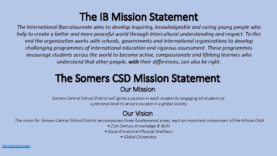 The IB Mission Statement The International Baccalaureate aims to develop inquiring, knowledgeable and caring