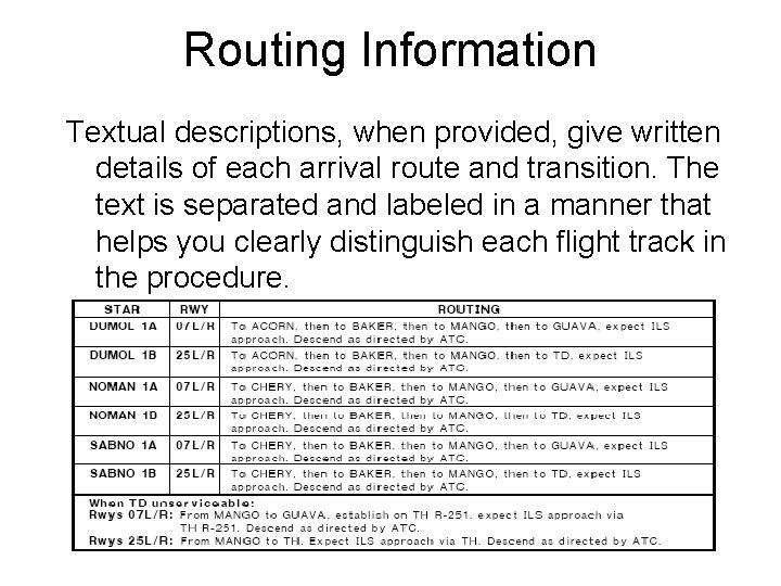 Routing Information Textual descriptions, when provided, give written details of each arrival route and